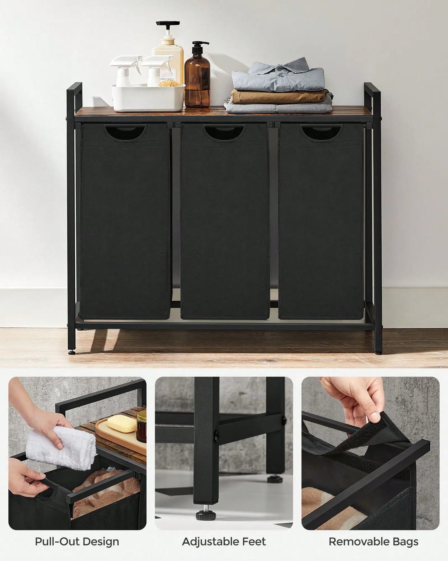 3-Bag Laundry Sorter with Rustic Wood Top. Large Laundry Hamper
