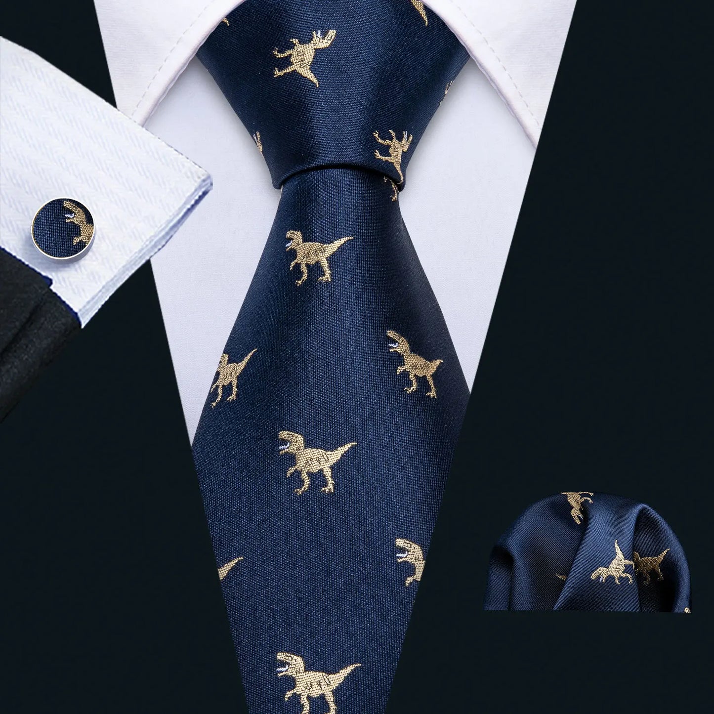 Men’s Luxury Dinosaur Necktie Set . Navy Blue Silk Tie, Pocket Square & Cufflinks for Business, Weddings & Special Events
