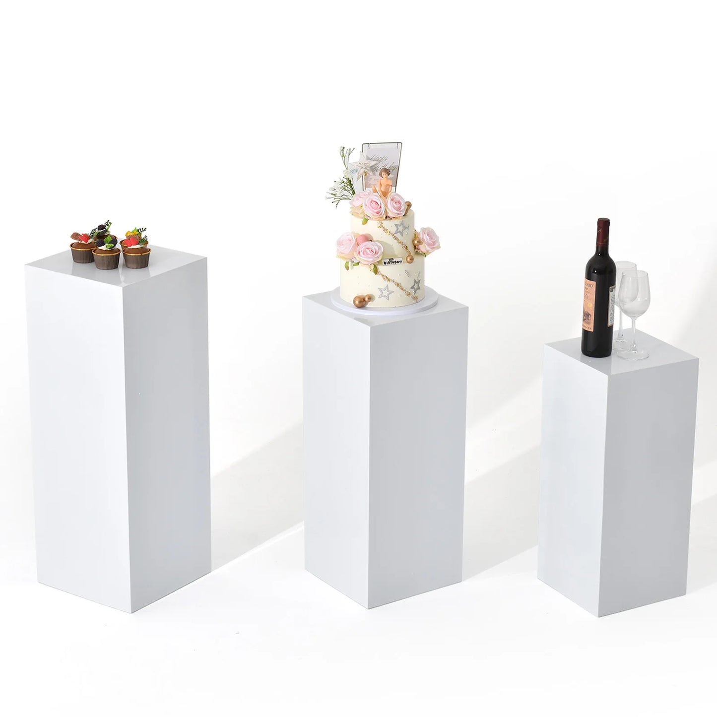 3-Piece White Square Metal Pedestal Stand Set  Elegant Cake, Dessert & Party Display Stands for Weddings, Birthdays & Events