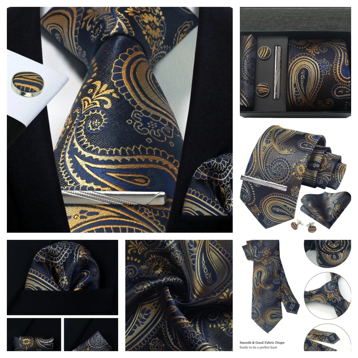 Luxury 100% Silk Paisley Floral Men’s Necktie Set | Business Tie with Matching Pocket Square & Formal Accessories