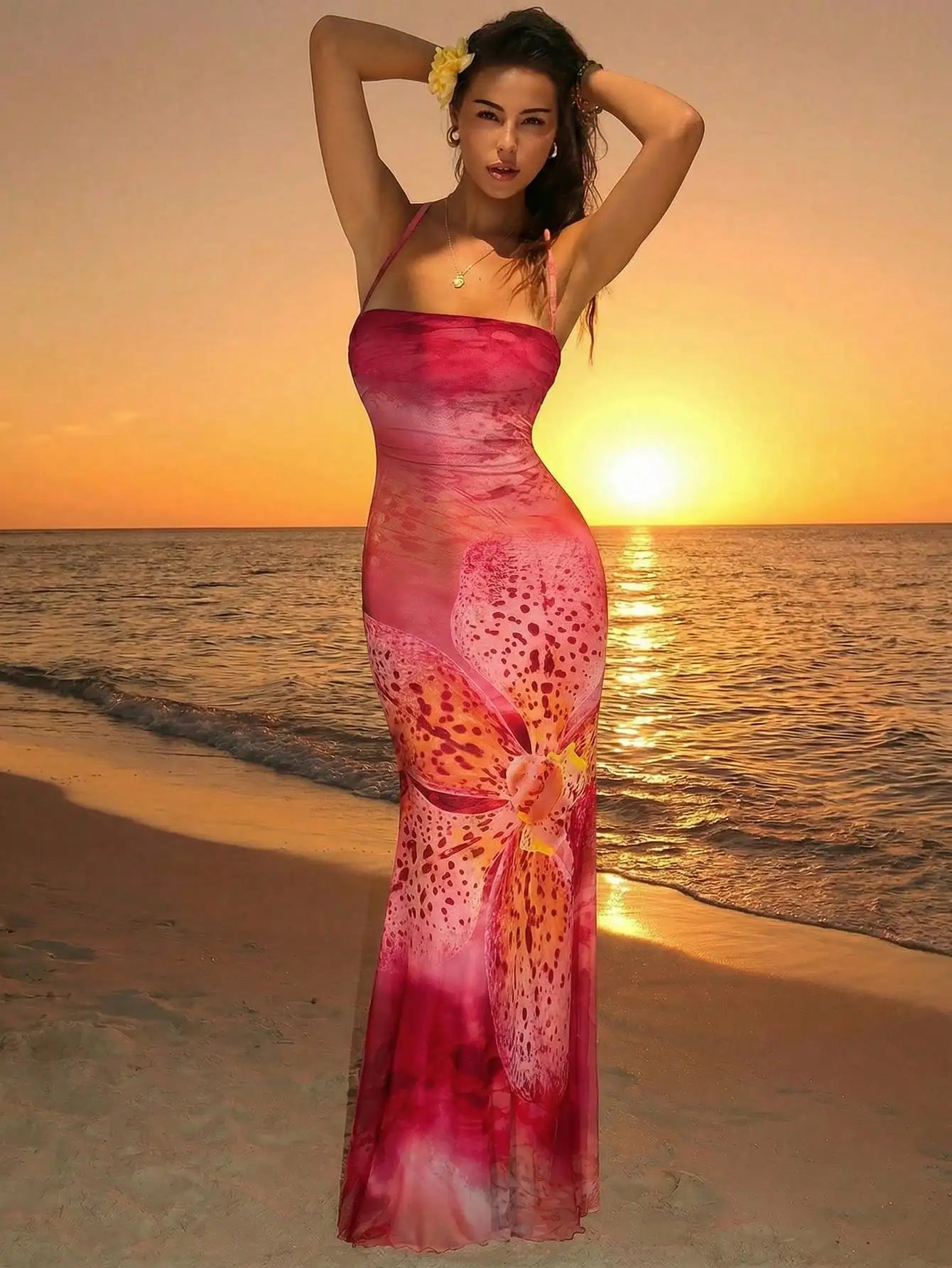 Elegant Pink Orchid Floral Print Backless Tie Strap Maxi Dress For Summer Vacation Beach Festival