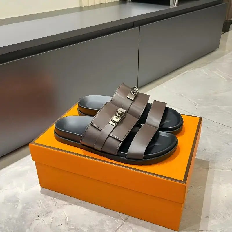 Luxury Women’s Leather Buckle Slide Sandals