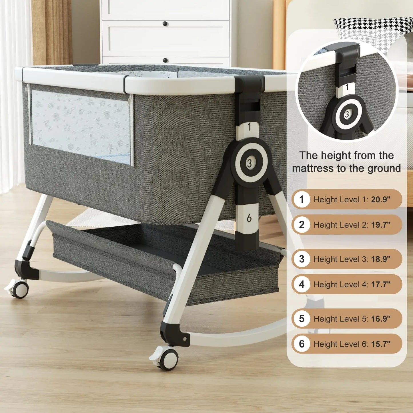 3-in-1 Portable Baby Bassinet & Bedside Sleeper with Storage Basket, Wheels & Adjustable Height