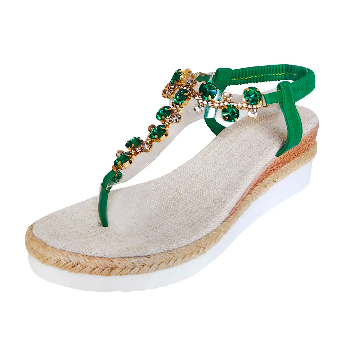 Bohemian Rhinestone Sandals For Women Fashion Wedge Heel Thick Sole Heightening Women'S Elastic Band Hollow Flower Sandals