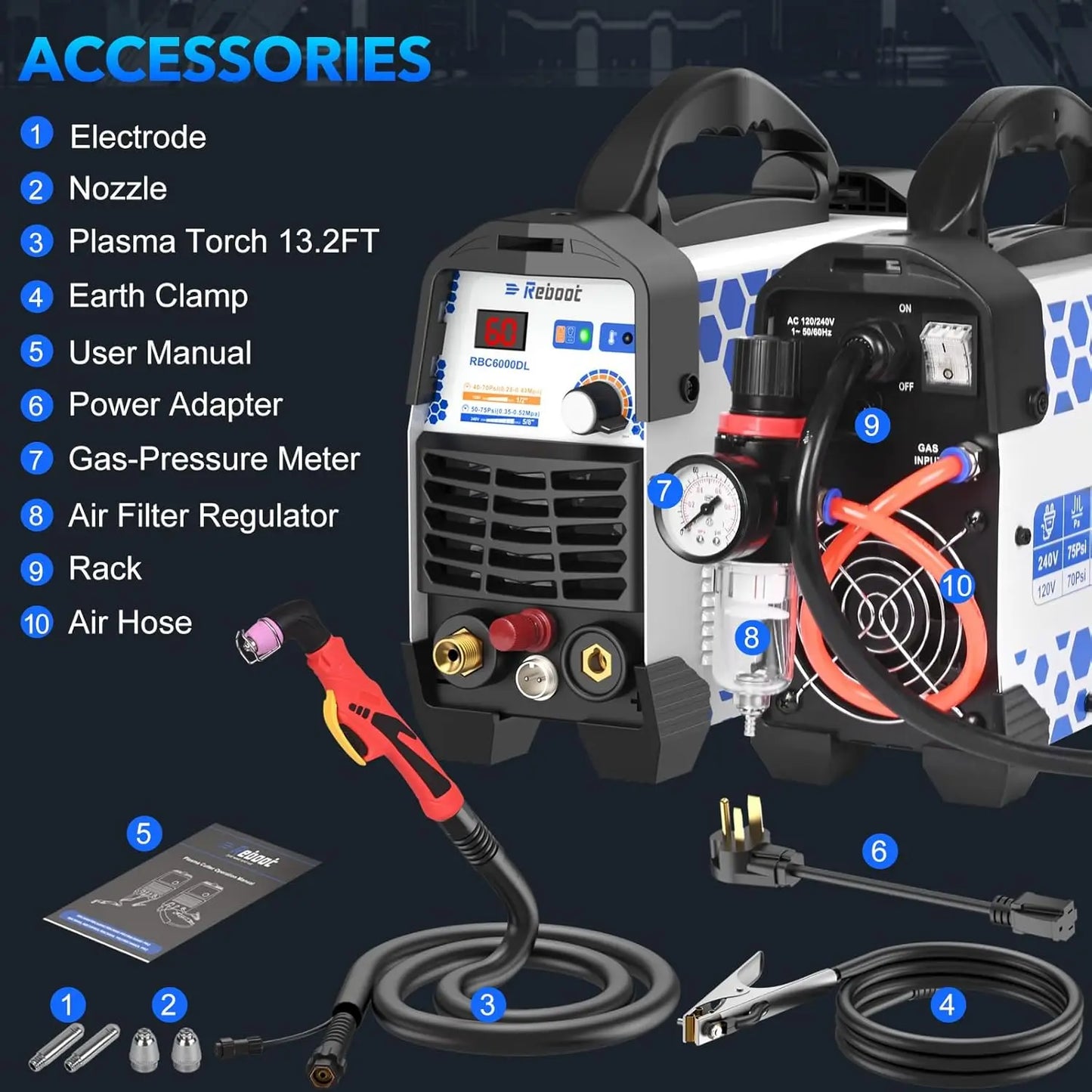 Reboot Plasma Cutter 60 Amp Pilot Arc Cutting Machine Non-Touch 1/2 inch (12mm) Clean Cut 3/4 inch (19mm) Severance Cut 110/220V