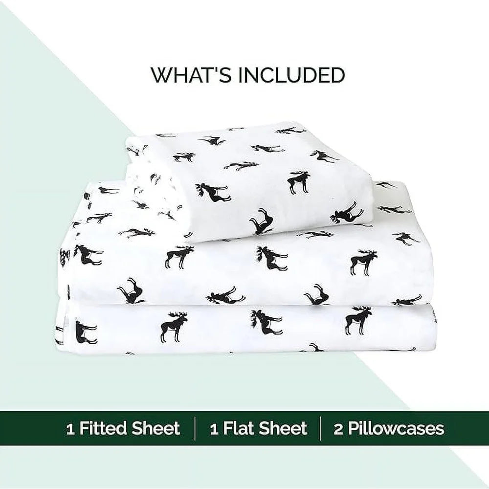 4 Piece King Flannel Cotton Sheet Set Deep Pocket Breathable Cozy Christmas Bedding Soft Durable Black Elk Pattern