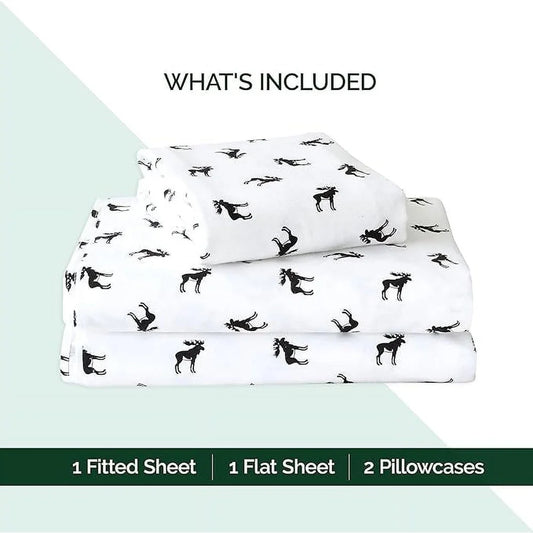 4 Piece King Flannel Cotton Sheet Set Deep Pocket Breathable Cozy Christmas Bedding Soft Durable Black Elk Pattern
