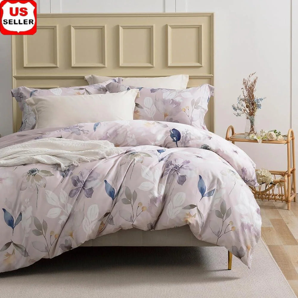 100% Long Staple Cotton Duvet Cover Set Floral Leaf Pattern Ultra Soft Breathable Comforter Cover Hidden Zipper Closure Corner