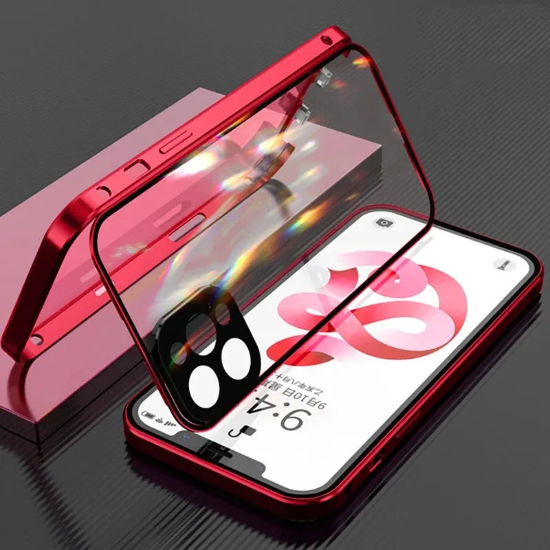 360 Full Protection Metal Magnetic Double Sided Glass Snap Lock Phone Case Shockproof Cover