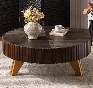 Round Coffee Table, Modern Black Side Table End Table for Living Room, Wood Circle Drum Coffee Table with Handcrafted Relief,