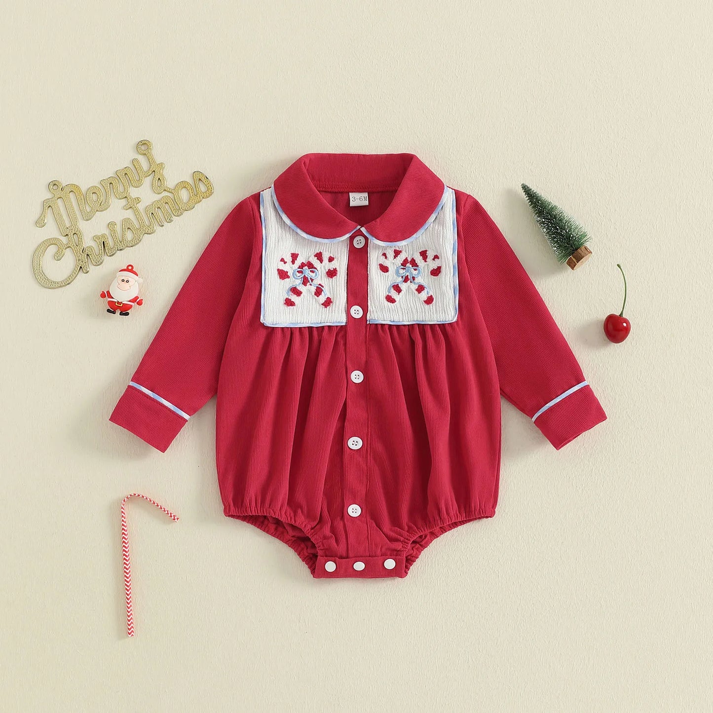 Christmas Baby Romper with Santa and Candy Cane Embroidery Long Sleeve Design Doll Collar and Button Down Closure for a