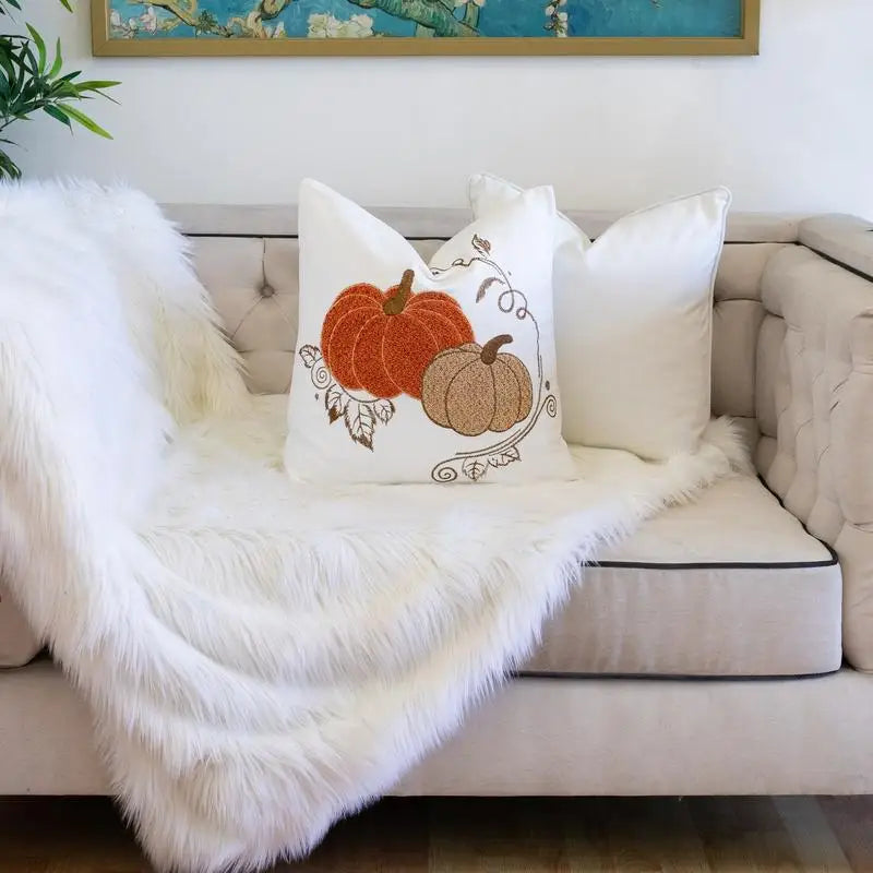 Autumn Harvest Pumpkin Embroidered Throw Pillow Cozy Farmhouse Fall Accent Cushion
