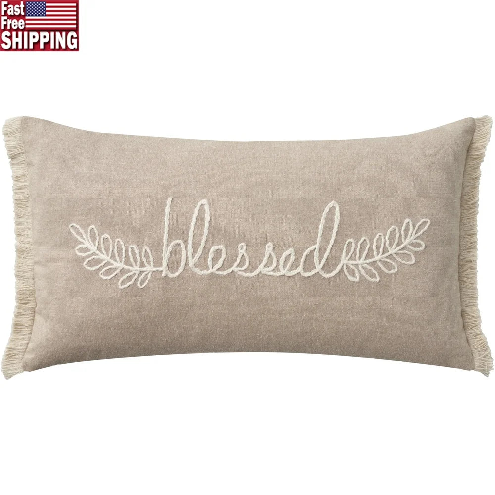 Embroidered Cotton Throw Pillow 12x21 Decorative Cushion Indoor Zip Closure Handmade Farmhouse Style
