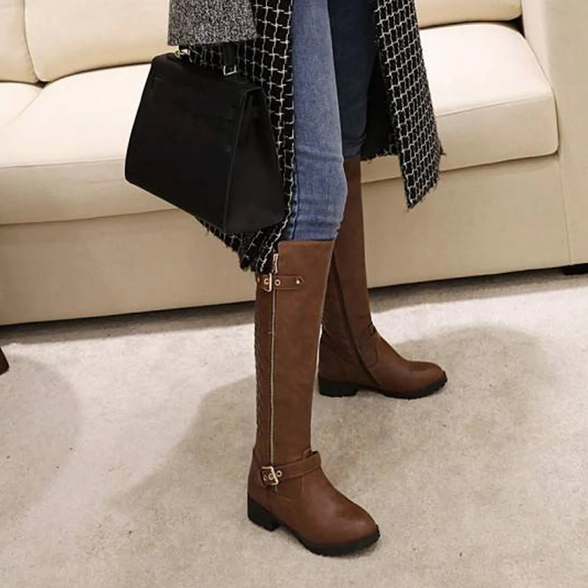 Women’s Knee-High Riding Boots | Buckle Detail Low Heel Boots