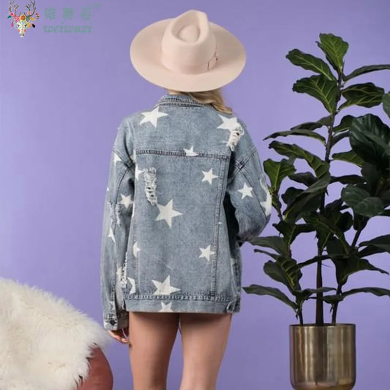 Women Denim Jacket Star Pattern Ripped Long Sleeve Jacket