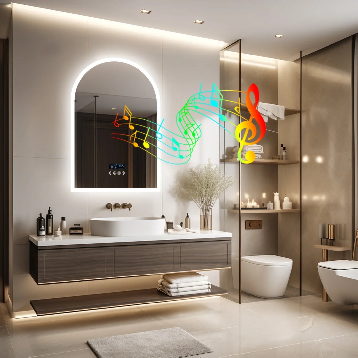 60x90CM Arched LED Mirror for Bathroom Backlight Wall Vanity Mirror w/ Bluetooth, Date and Time, Touch Antifog, Digital Display