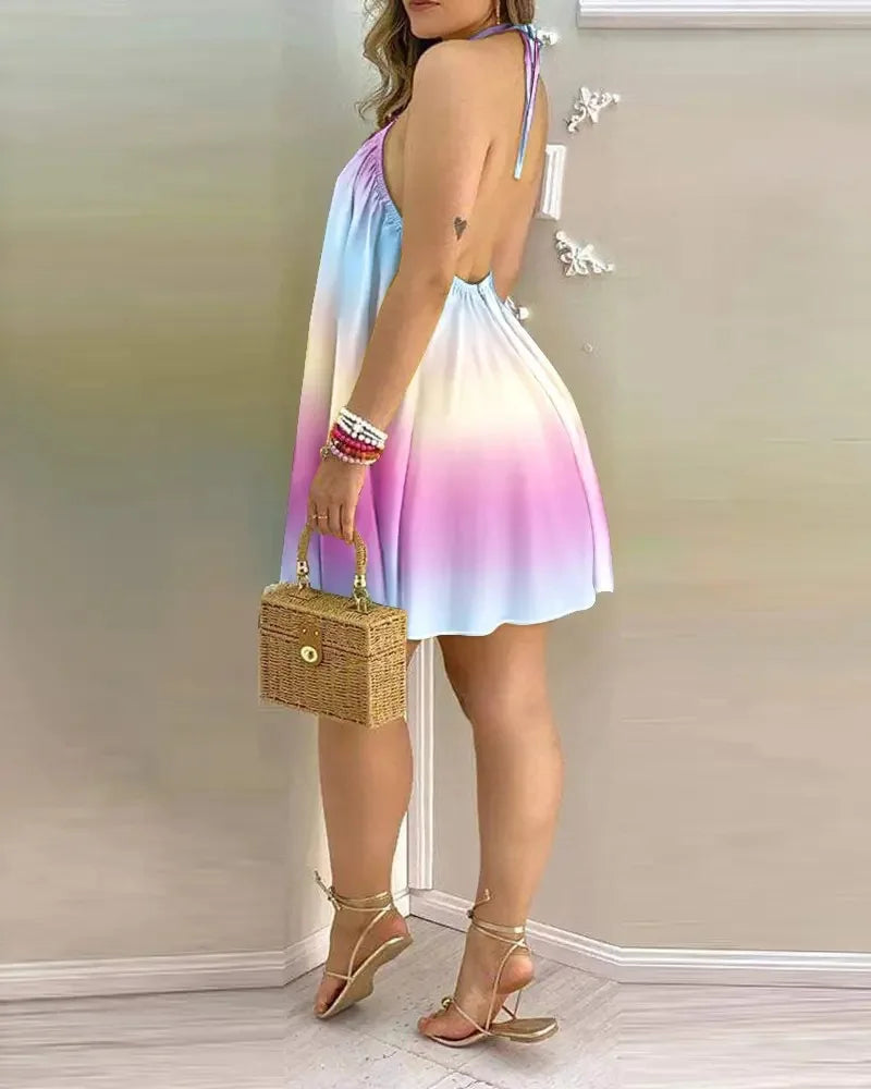 Women’s Floral Halter Neck Mini Dress | Sleeveless Summer Beach Sundress