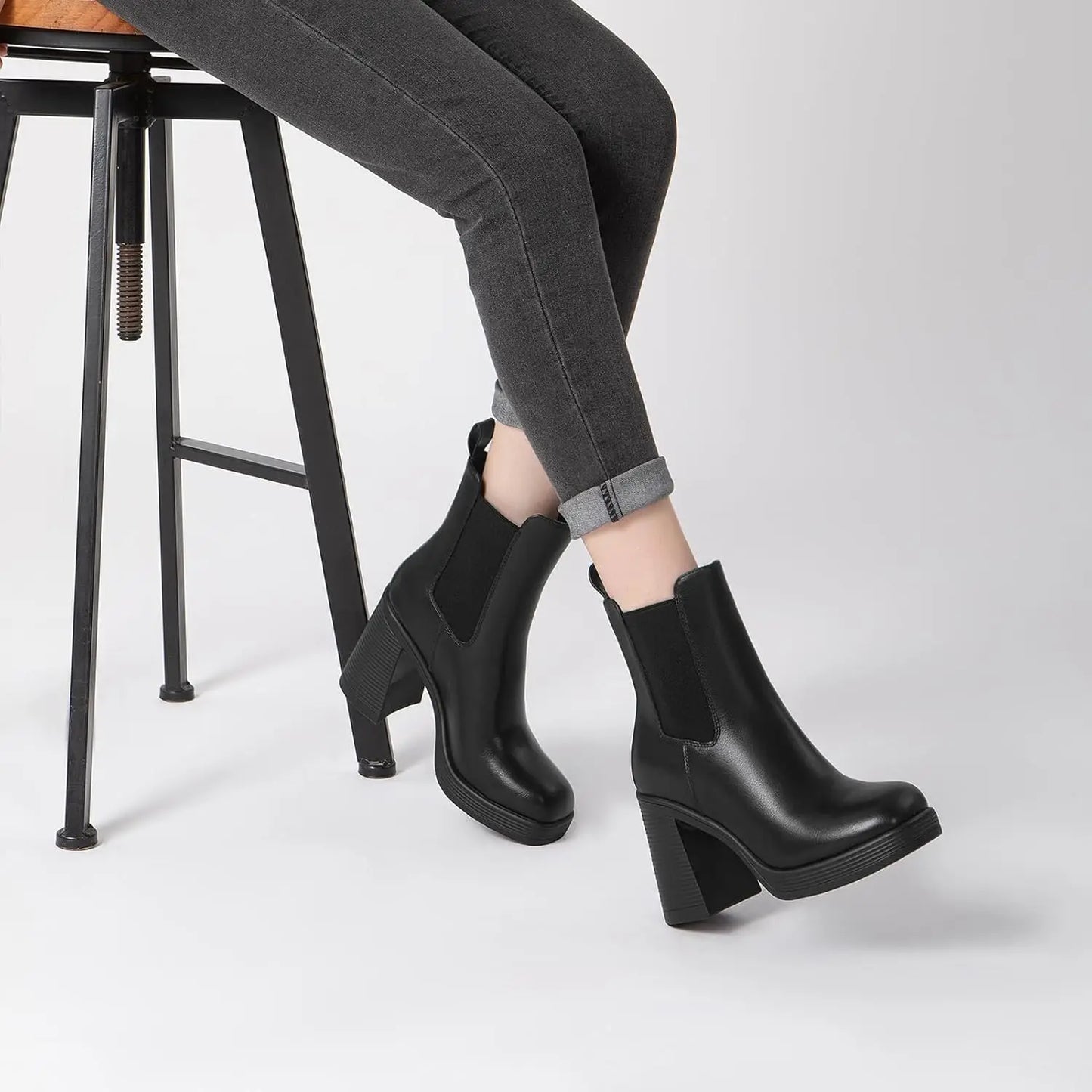 Athlefit Women's Chelsea Platform Boots High Chunky Heel Square Toe Boots Fashion Slip On Elastic Heeled Ankle Booties