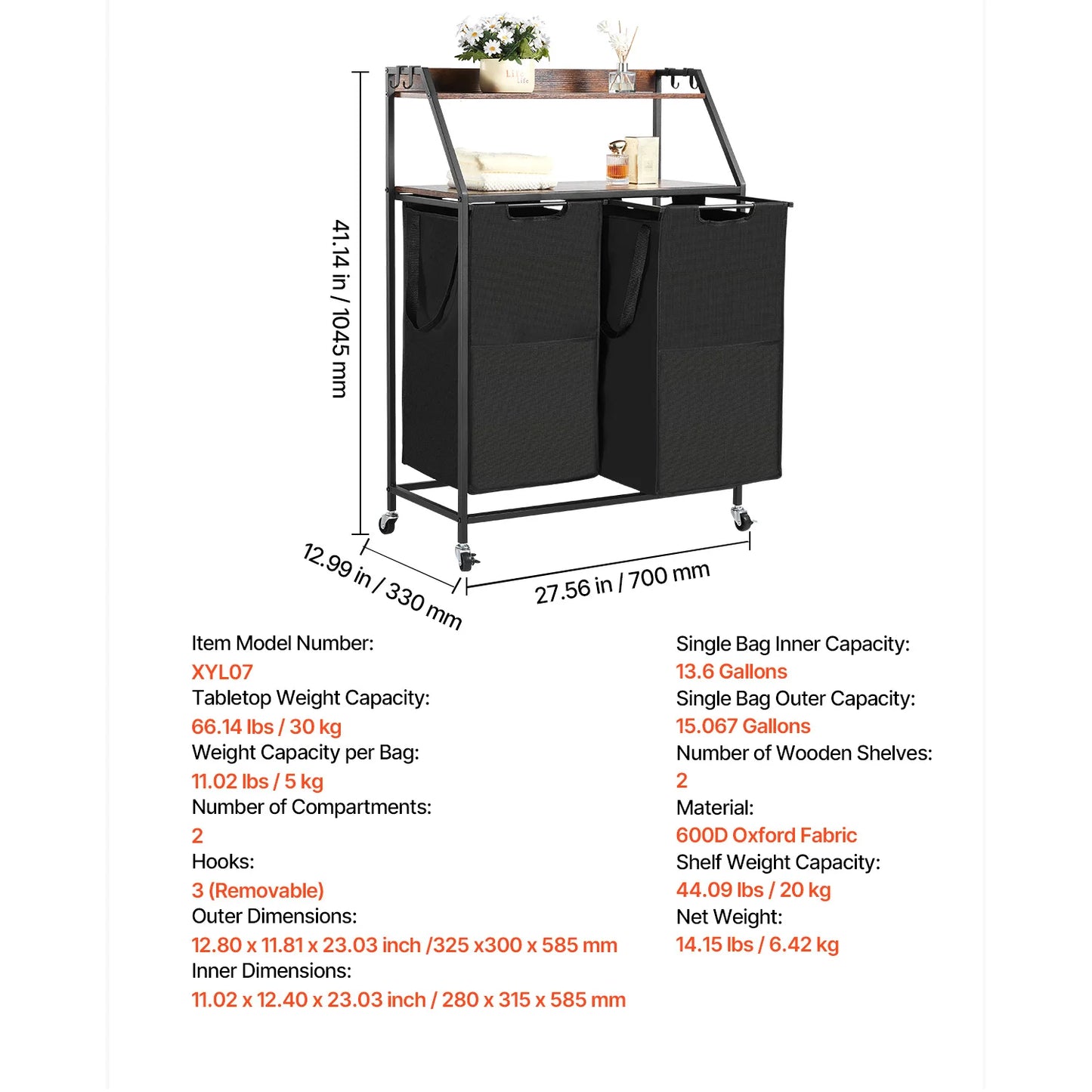 3-Section Laundry Sorter with Storage Shelf. Rolling Laundry Organizer