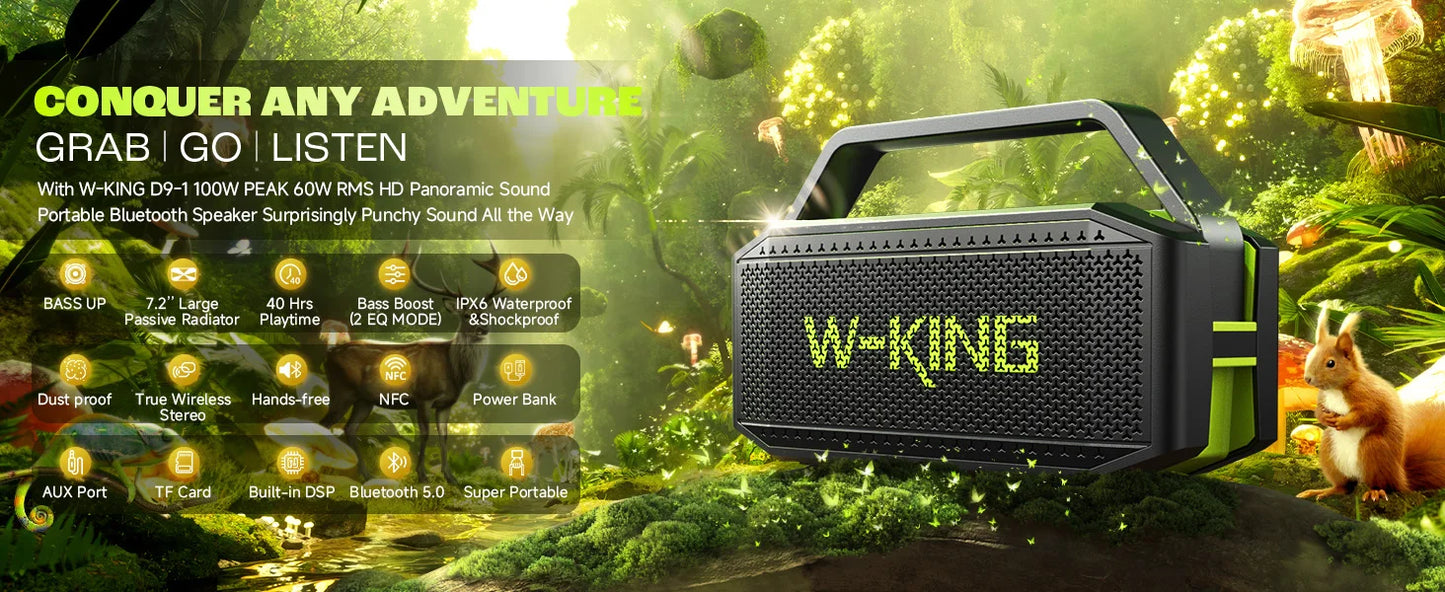 W-KING D9-1 Portable Bluetooth Speaker 100W Peak Sound IPX6 Waterproof Outdoor Speaker