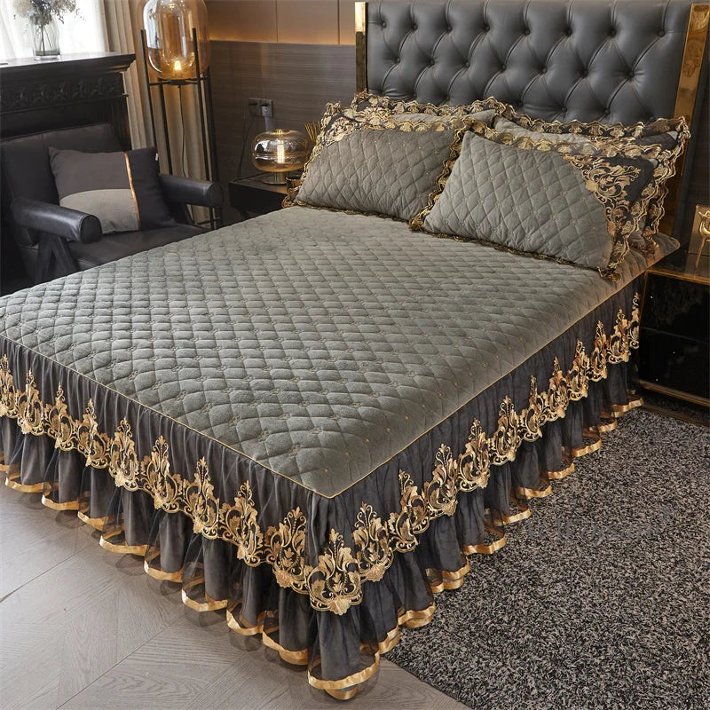 AIWINSURE-European Lace Velvet Bedspread Set, King Size, Queen Thickened Bed Cover, Soft Bed Skirt, Luxury, with 2 Pillowcases