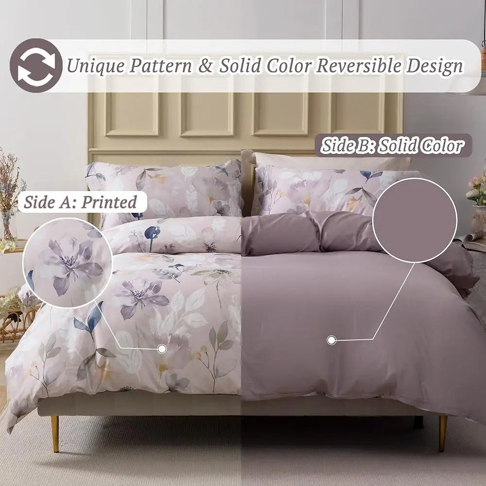 100% Long Staple Cotton Duvet Cover Set Floral Leaf Pattern Ultra Soft Breathable Comforter Cover Hidden Zipper Closure Corner