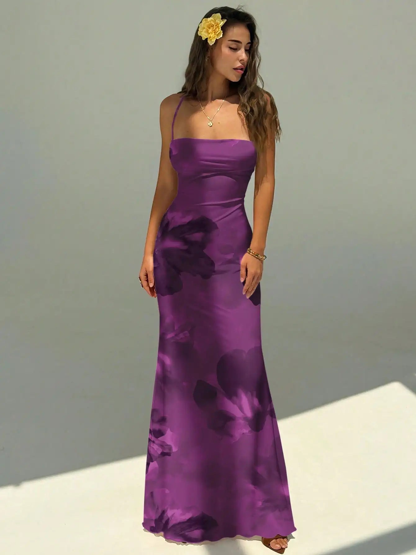 Elegant Pink Orchid Floral Print Backless Tie Strap Maxi Dress For Summer Vacation Beach Festival