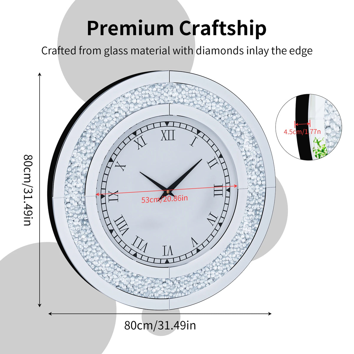 Elegant Mirrored Wall Clock – Crystal-Inspired Decorative Round Clock