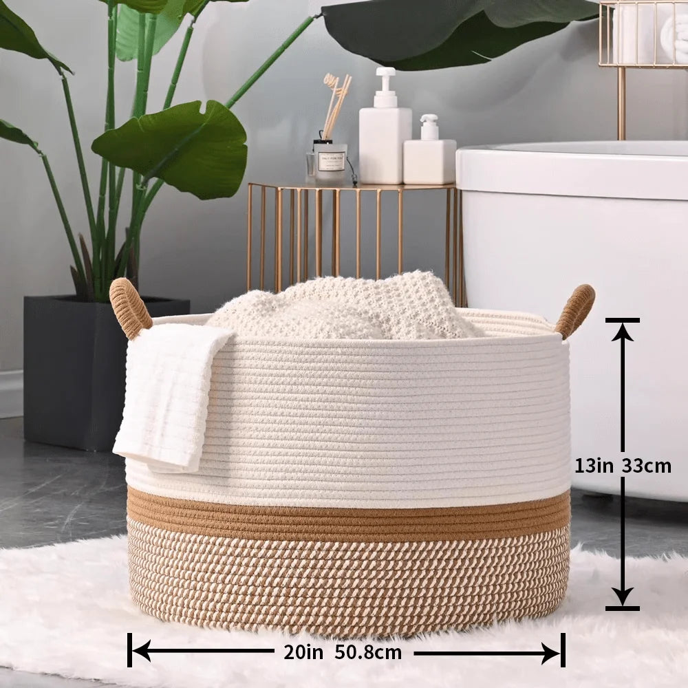 Large Woven Cotton Rope Storage Basket for Blankets & Laundry