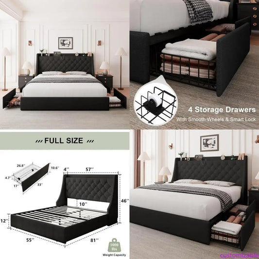 "black full-size bed with wingback headboard and storage drawers"