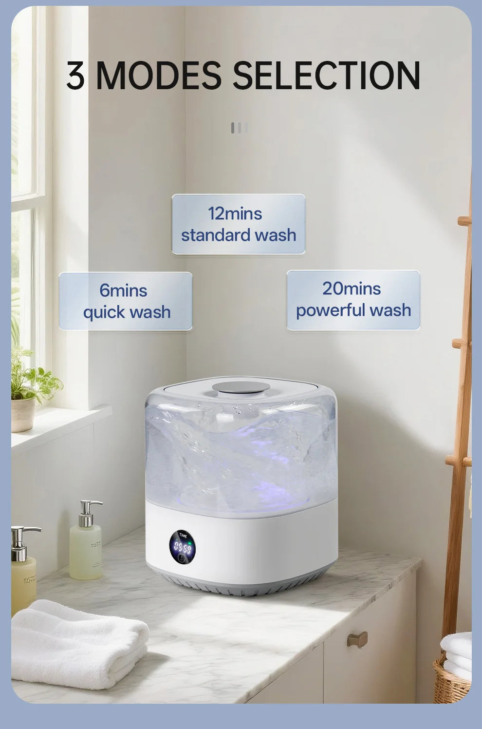 Mini Cordless Washer USB Rechargeable Portable, 3L For Delicates, Socks & Underwear, 3 Modes Quiet Design, Compact For Dorm, Travel & Small Spaces