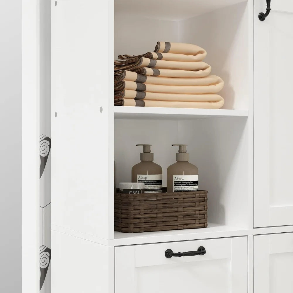 Tall Bathroom Storage Cabinet with Shelves and Tilt-Out Laundry Hampers, Freestanding Floor Cabinet for Living Room, Bedroom &