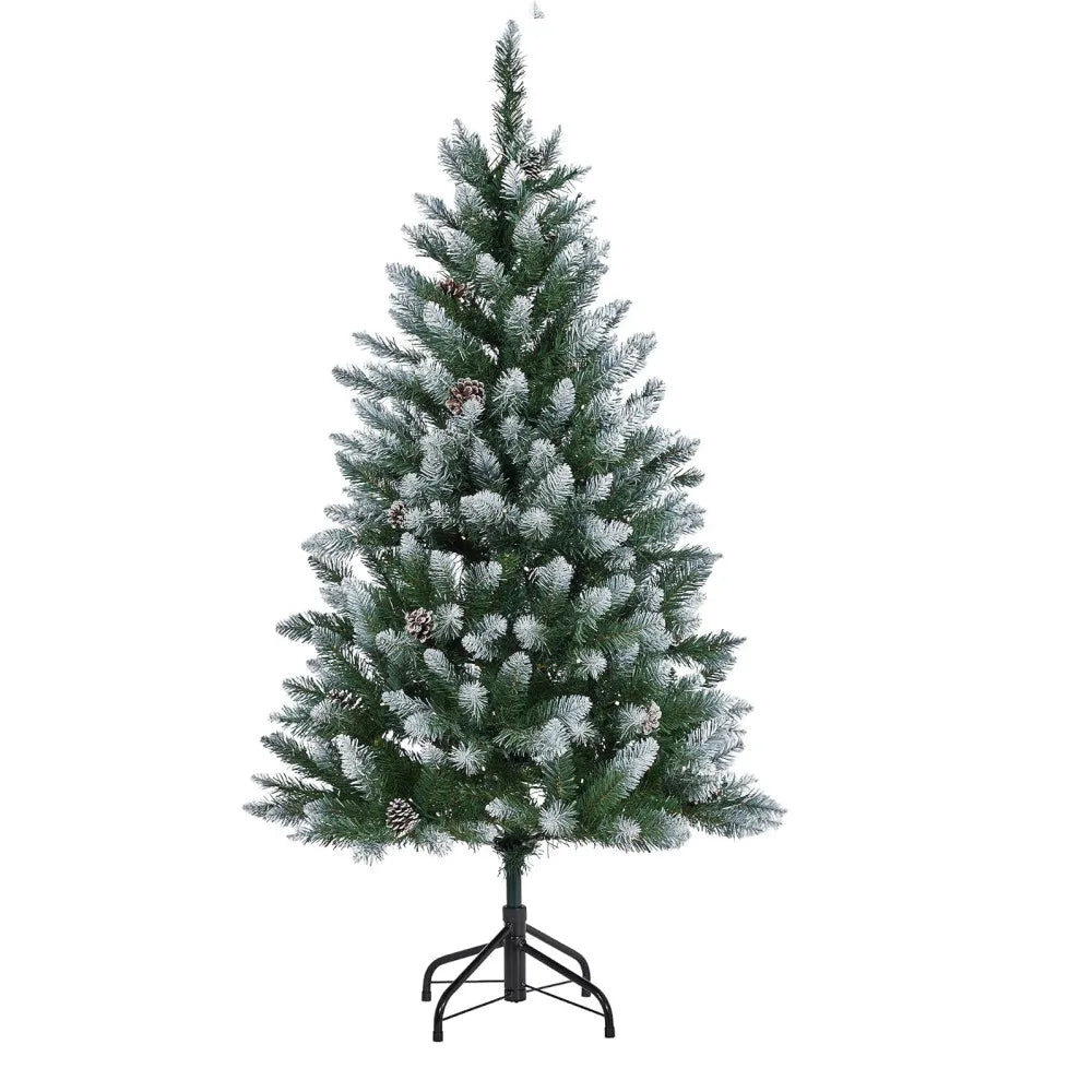 Pre-Lit Flocked Artificial Christmas Tree 6‘/9’ with Warm White LED Lights, Realistic Pine Branches, Snow Covered Xmas Tree, Slim Space Saving Design, Sturdy Metal Stand, Indoor Outdoor Holiday Decoration