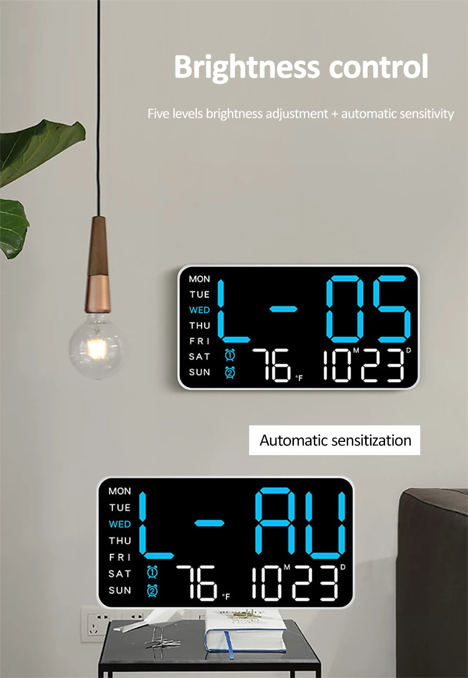 Smart Voice. Control LED Digital Wall Clock with Date & Temperature Display