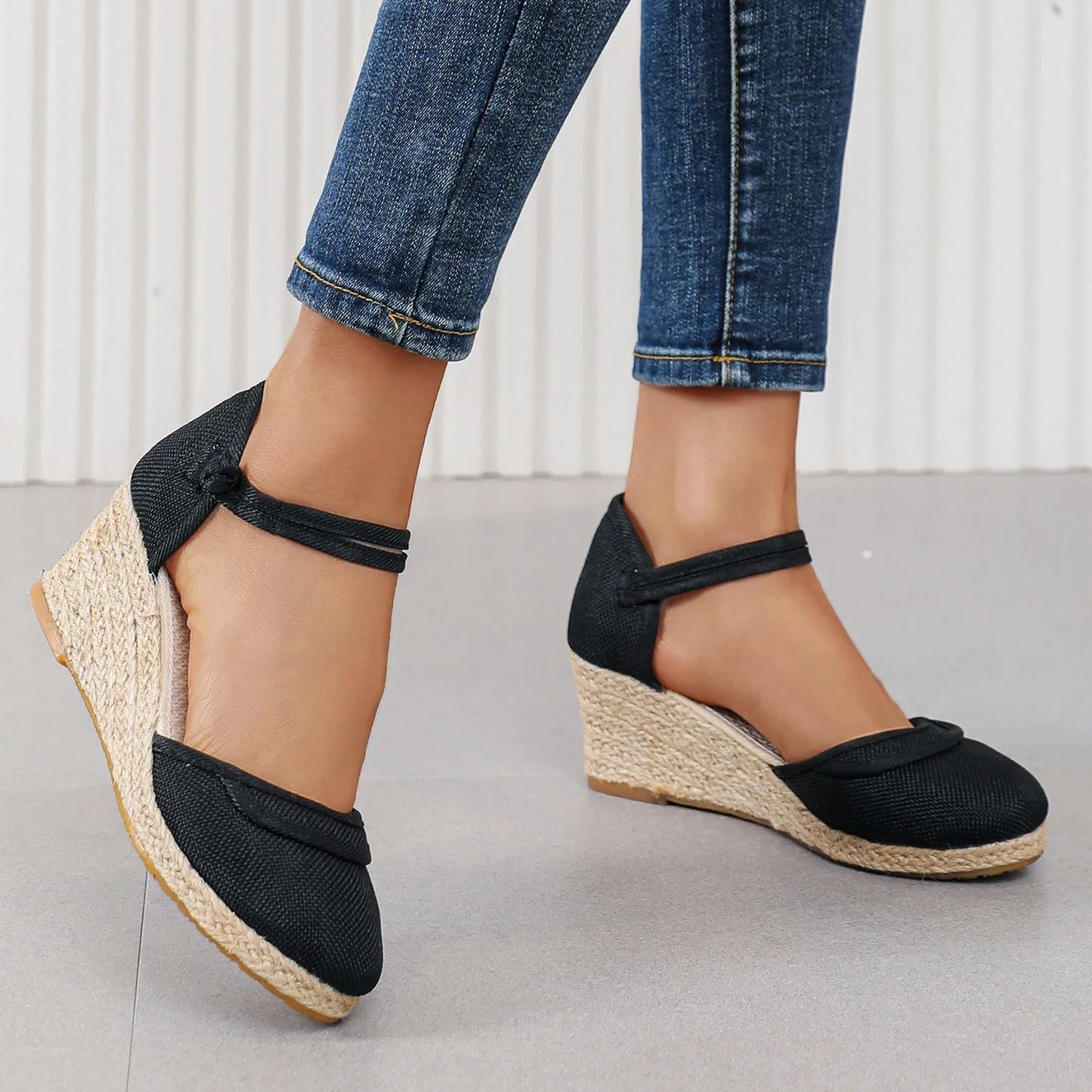 Womens Retro Plain Wedge Sandals Ladies Espadrille Summer Fashion Breathable Ankle Strap Sandals Casual Chunky Beach Sandals