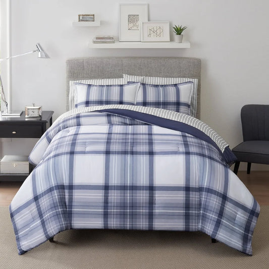 7-Piece Full Bedding Set Antimicrobial Stain Resistant Hypoallergenic Polyester Blue Plaid Bed-in-a-Bag Comforter Sheet