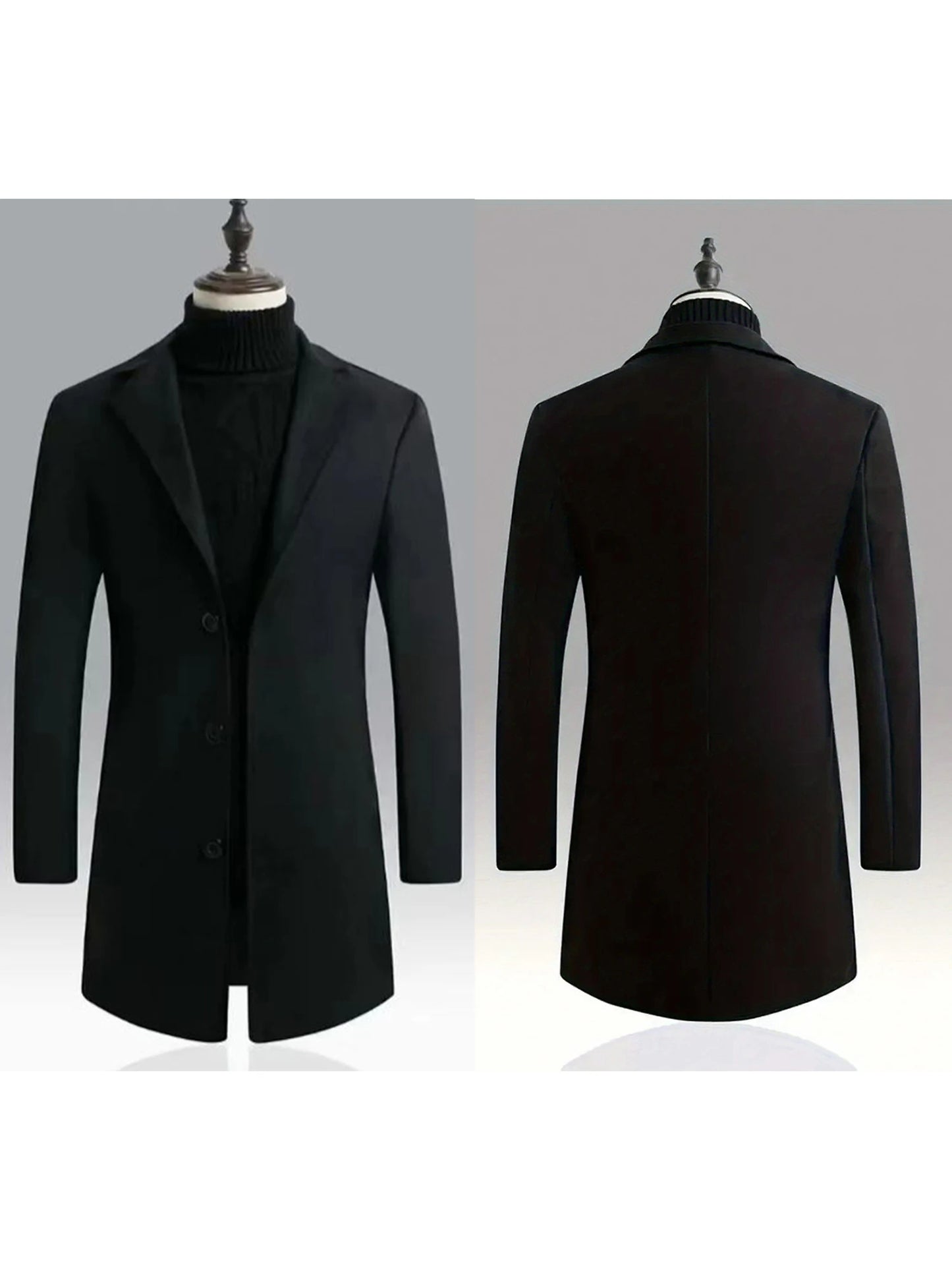 Men s Classic Wool Blend Pea Coat with Notched Lapel Collar and Single Button Closure - Stylish Mid-Length Winter Jacket for