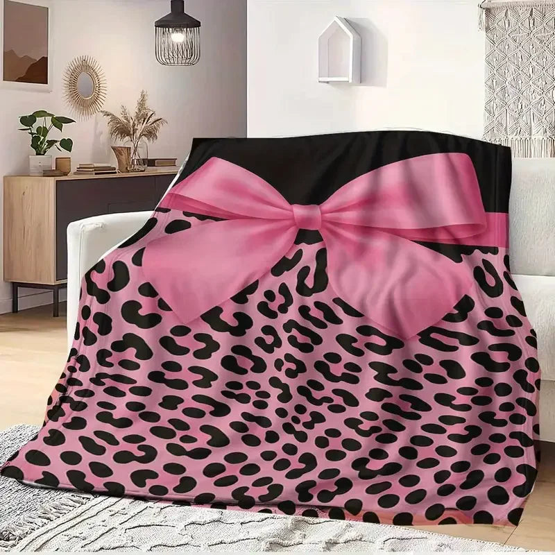 Pink Leopard Bow Flannel Throw Blanket .Ultra Soft Cozy Luxury Blanket