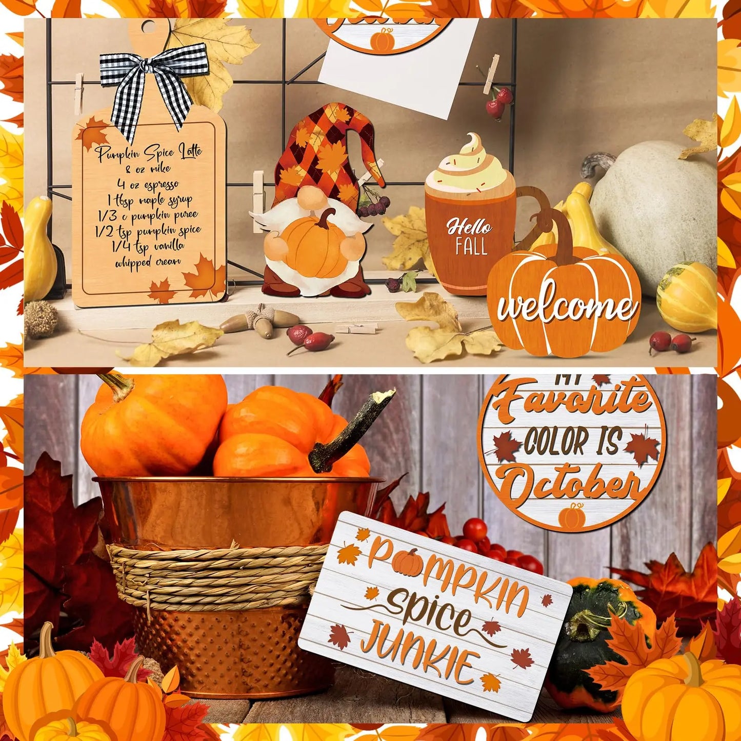 15 Pcs Fall Tiered Tray Decor Set Fall Thanksgiving Pumpkin Table Decor Drinking Coffee Rustic Farmhouse Coffe Truck Spice Block Autumn Wooden Tabletop Sign for Thanksgiving Day Home Office