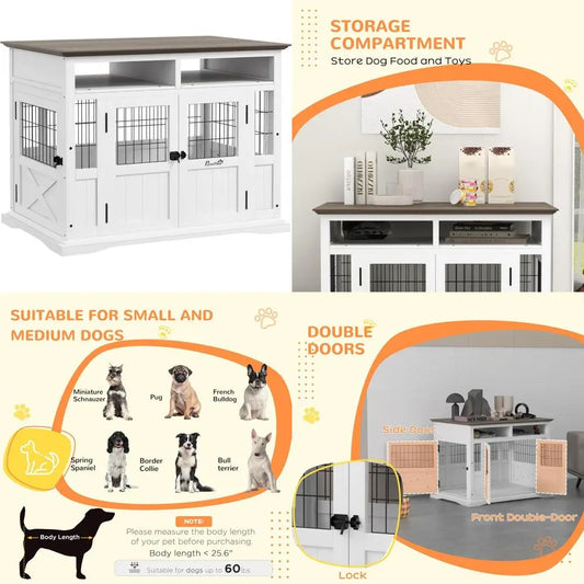 PawHut Dog Crate Furniture Side End Table with Storage, 41 Modern Wooden Dog Kennel Furniture with Double Doors for Small and Me