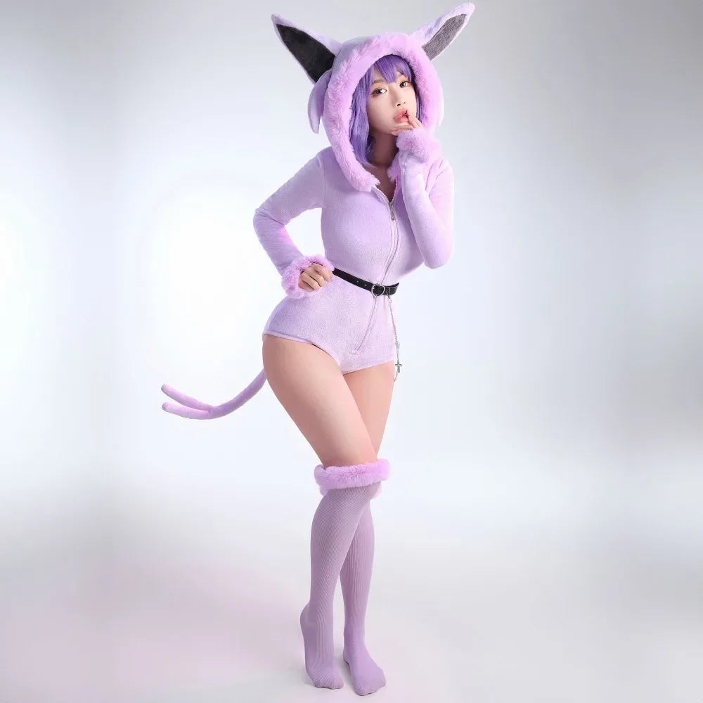 MOBBUNNY Espeon Cosplay Costume Women Hooded Bodysuit Tail Socks Suit Cute Cartoon Flannel Pajamas Bunny Girl Plush Jumpsuit