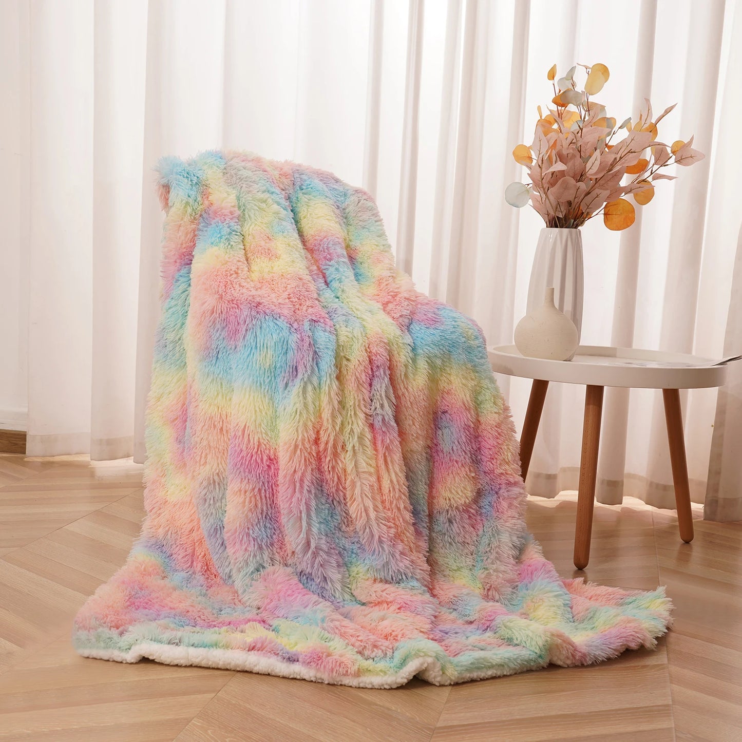 Soft Rainbow Fluffy Plush Blanket Bedspread For Home Use