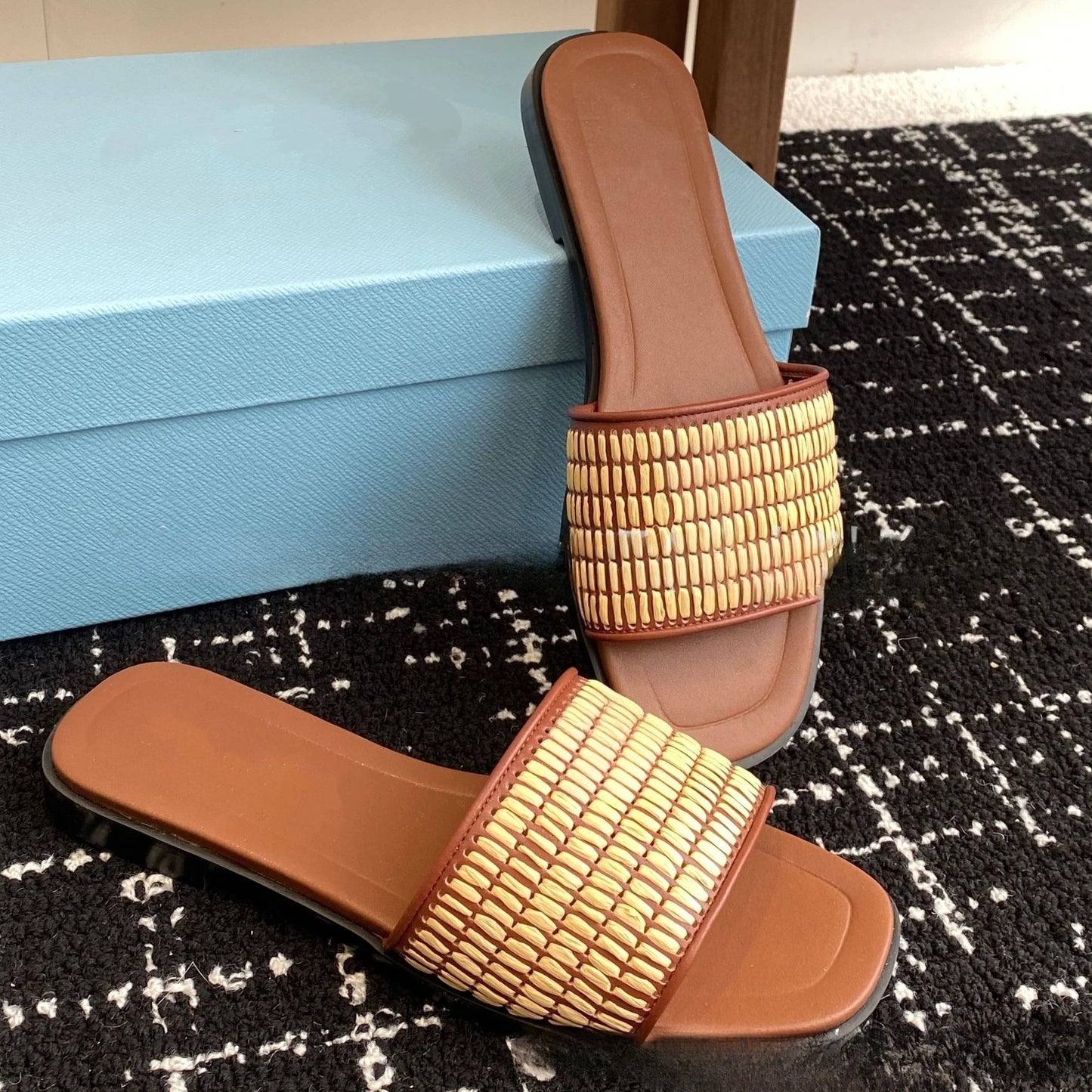 Luxury Women’s Woven Buckle Slide Sandals. Premium Square Toe Summer Flats