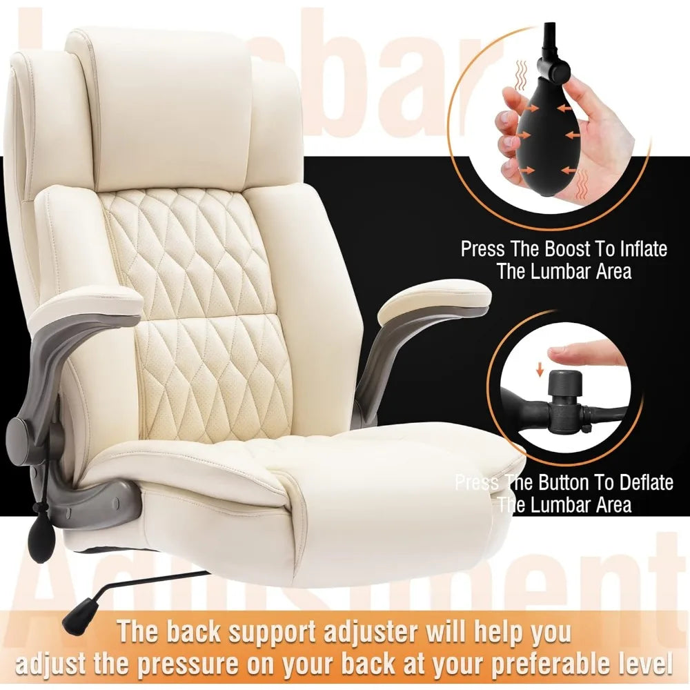 Large High Back Office Chair - Adjustable Lumbar Support Flip Up Arms Heavy Duty Quiet Wheels Metal Base Breathable Bonded Leath