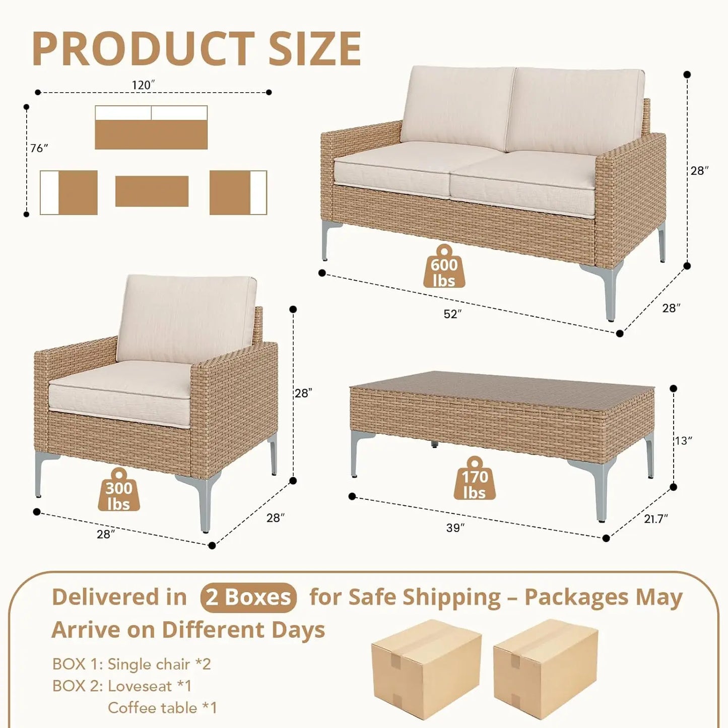 Modern 4 Piece Outdoor Wicker Patio Conversation Set with Loveseat & Coffee Table