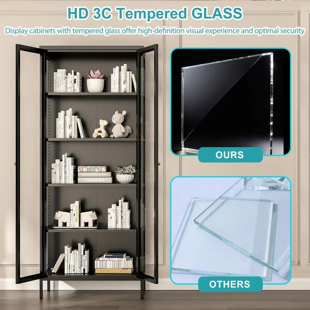 5 Tier Glass Display Cabinet with 12 Color LED Lights, 67" Lighted Curio Cabinet with Glass Doors & Adjustable Shelves,