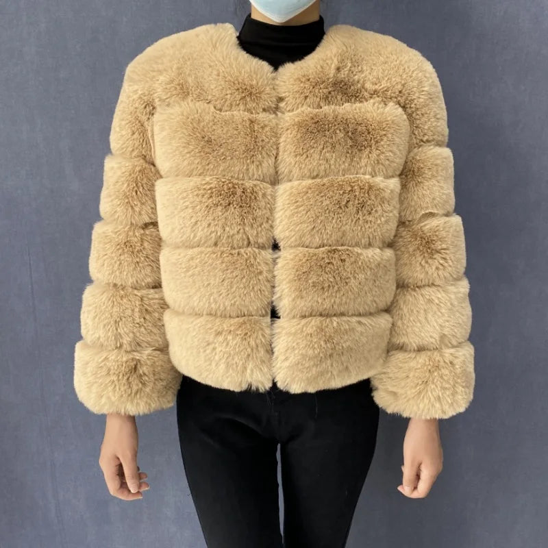 Women's Faux Fur Jacket . Plush Cropped Winter Coat with High Collar