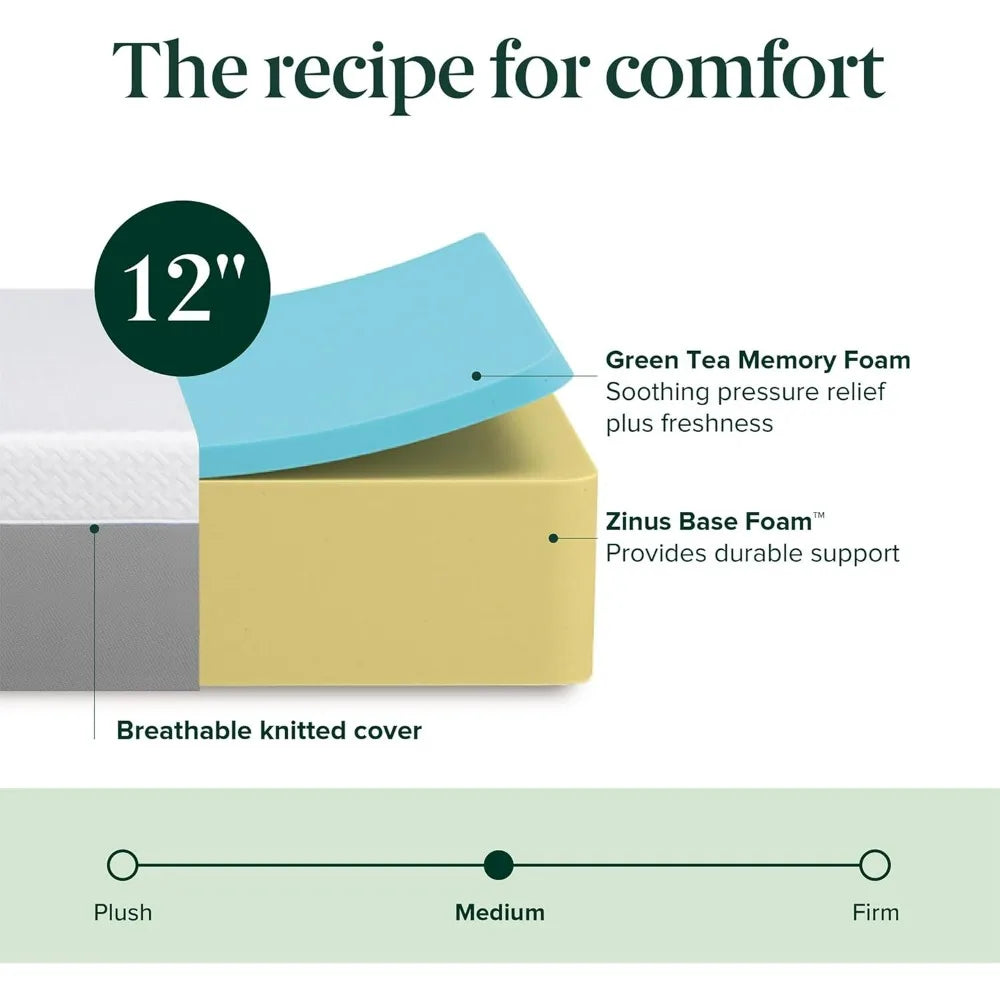 "12-inch premium green tea memory foam mattress - king size, medium firmness, breathable design, fiberglass-free"