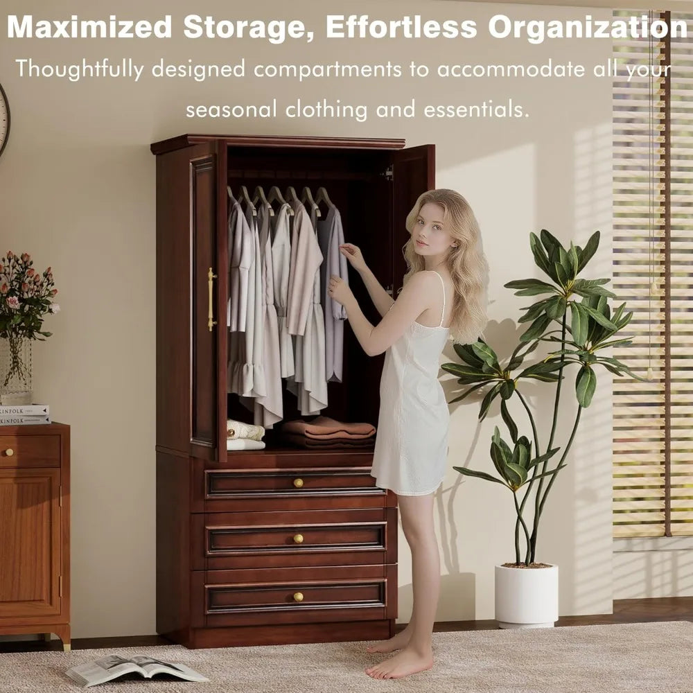 Solid Wood Armoire Wardrobe Closet, 2 Door Modern Solid Wood Wardrobe Cabinet with 2 Drawers, Armoire Closet with Hanging Rods C