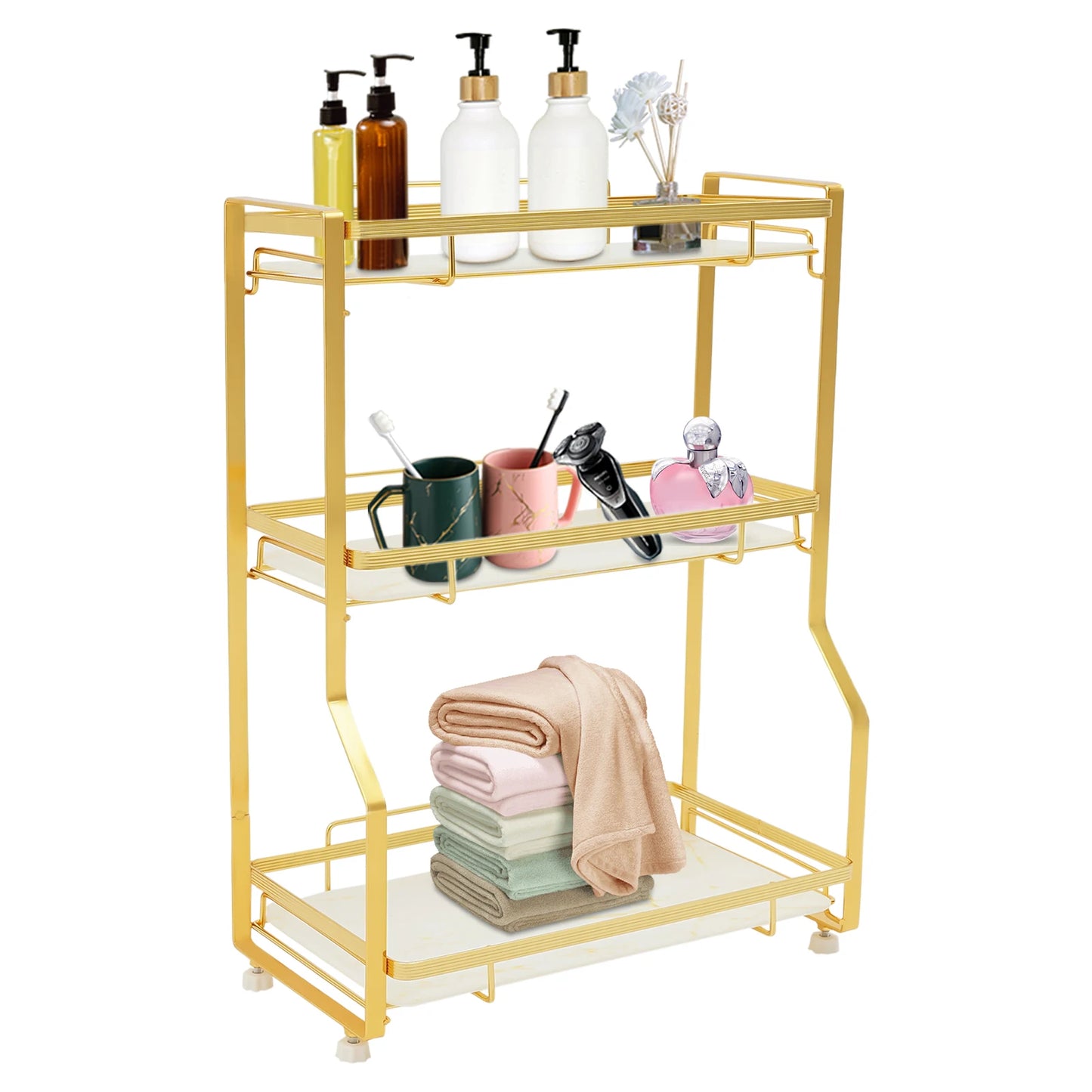 3 Tier Bathroom Countertop Organizer, Gold Bathroom Vanity Counter Organizer with Small Storage Basket for Skincare Makeup